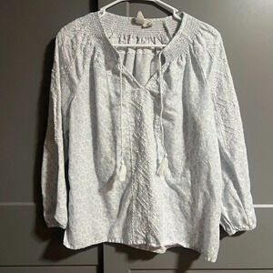 Joie Women Linen Blend Long Sleeve Embroider Tassle Blouse Blue/White Size Small